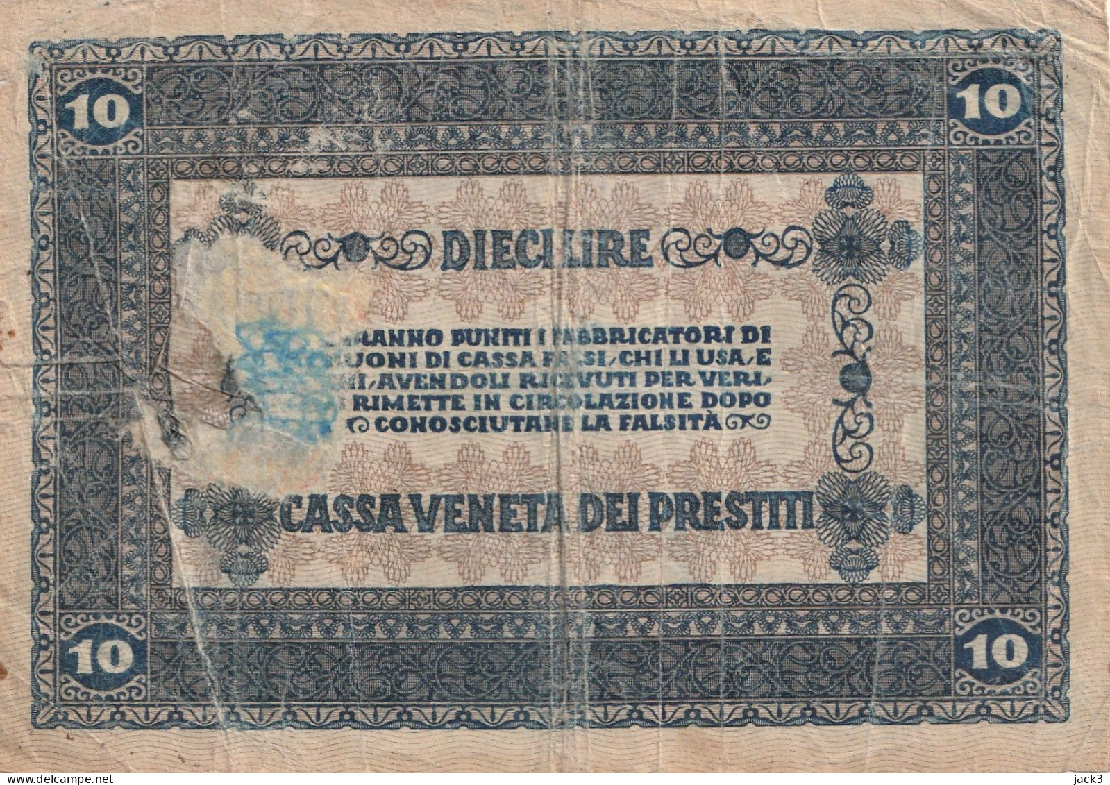 BANCONOTA - BANCONOTA BUONO CASSA VENETA DEI PRESTITI 10 LIRE 2 GENNAIO 1918 - Buoni Di Cassa