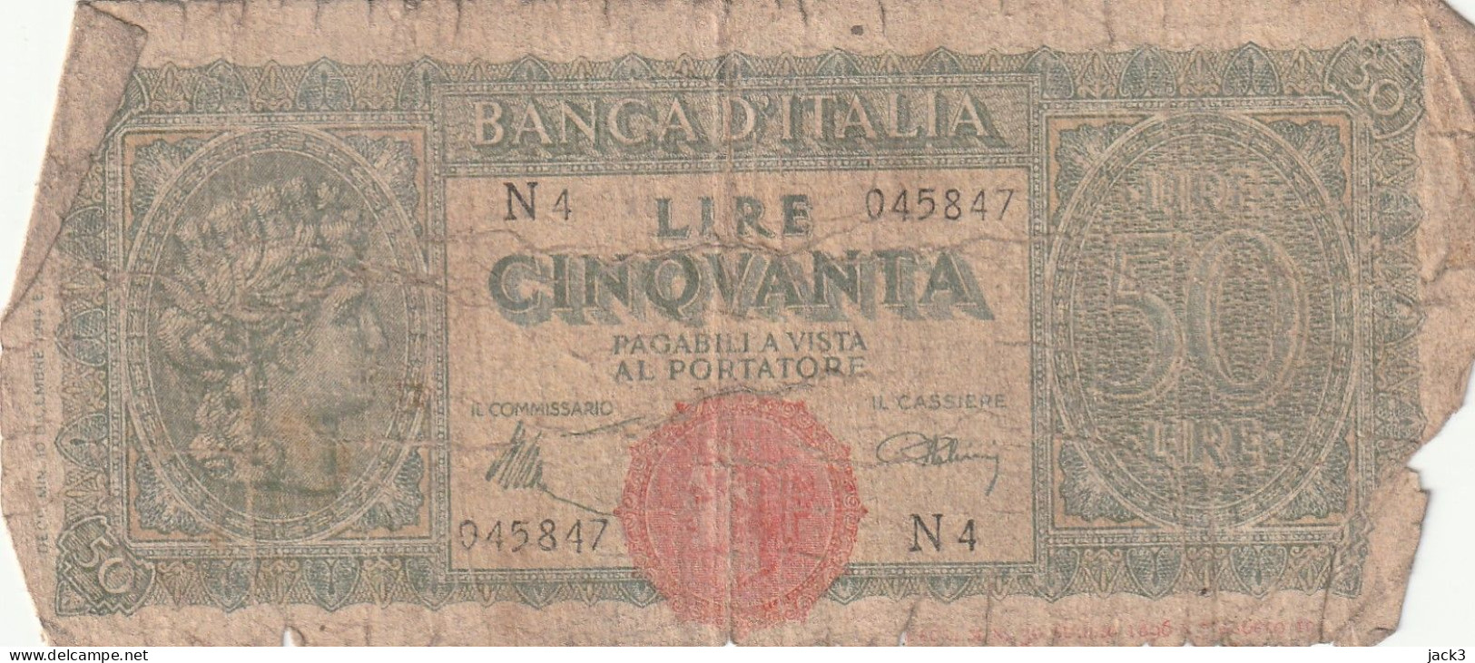 BANCONOTA -  50 Lire "Italia Turrita" Banca D'Italia D.M. Del 07.08.1943 (come Da Scansione) - 50 Lire