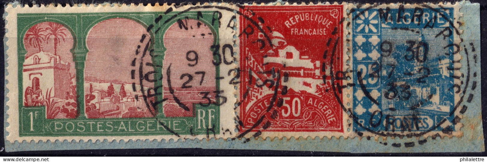 ALGÉRIE - 1933 - TàD Facteur-Boîtier Type 84  "TROIS MARABOUTS / ORAN" Sur Yv.51, Yv.78 & Yv.79A Sur Fragment - TB - Used Stamps