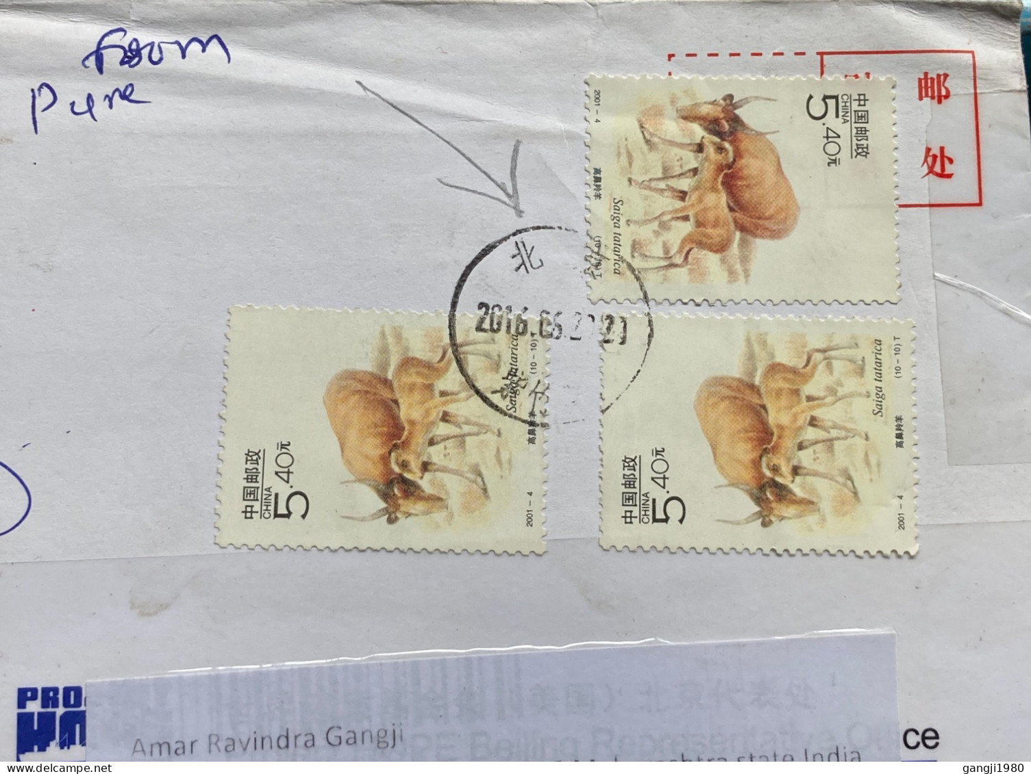 CHINA 2016, REGISTER COVER, USED TO INDIA,SAIGA TARTARIC, ANTELOPE ANIMAL, MULTI 3 STAMP, SOLAPUR CITY CANCEL. - Lettres & Documents