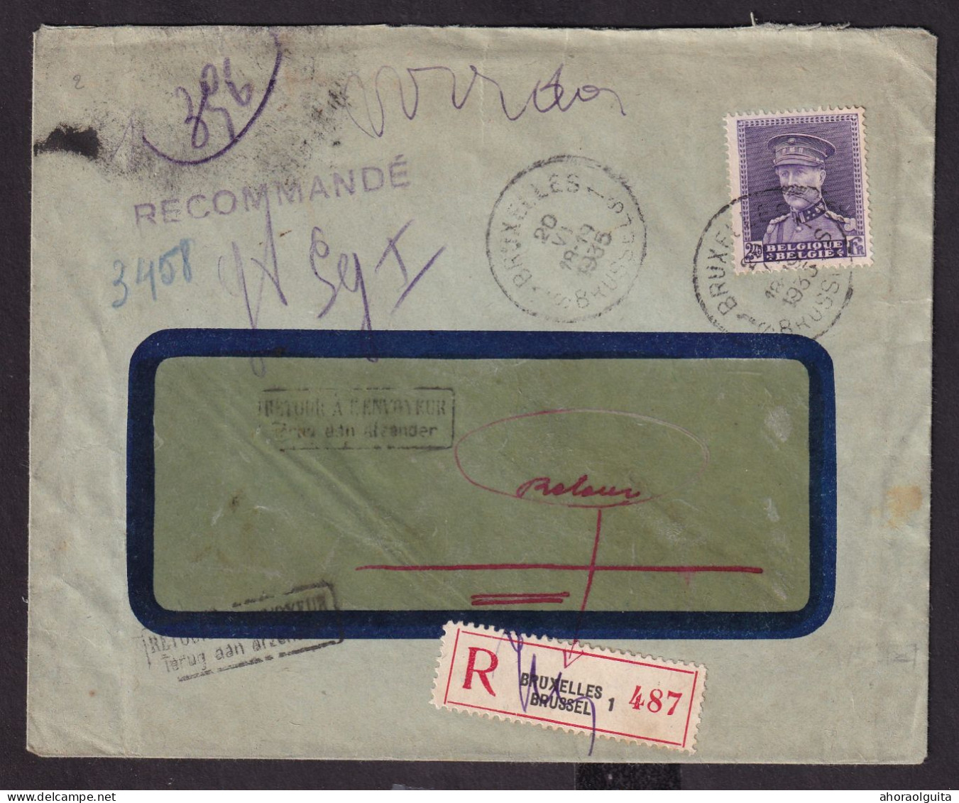 DDEE 415 - Enveloppe Recommandée TP Képi BRUXELLES 1935 Vers SERAING - Etiquettes Verso , Retour Expéditeur - 1931-1934 Quepis