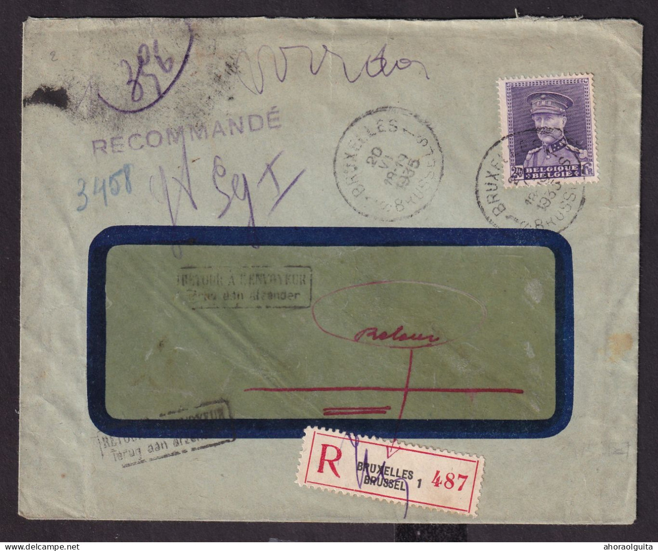 DDEE 415 - Enveloppe Recommandée TP Képi BRUXELLES 1935 Vers SERAING - Etiquettes Verso , Retour Expéditeur - 1931-1934 Képi