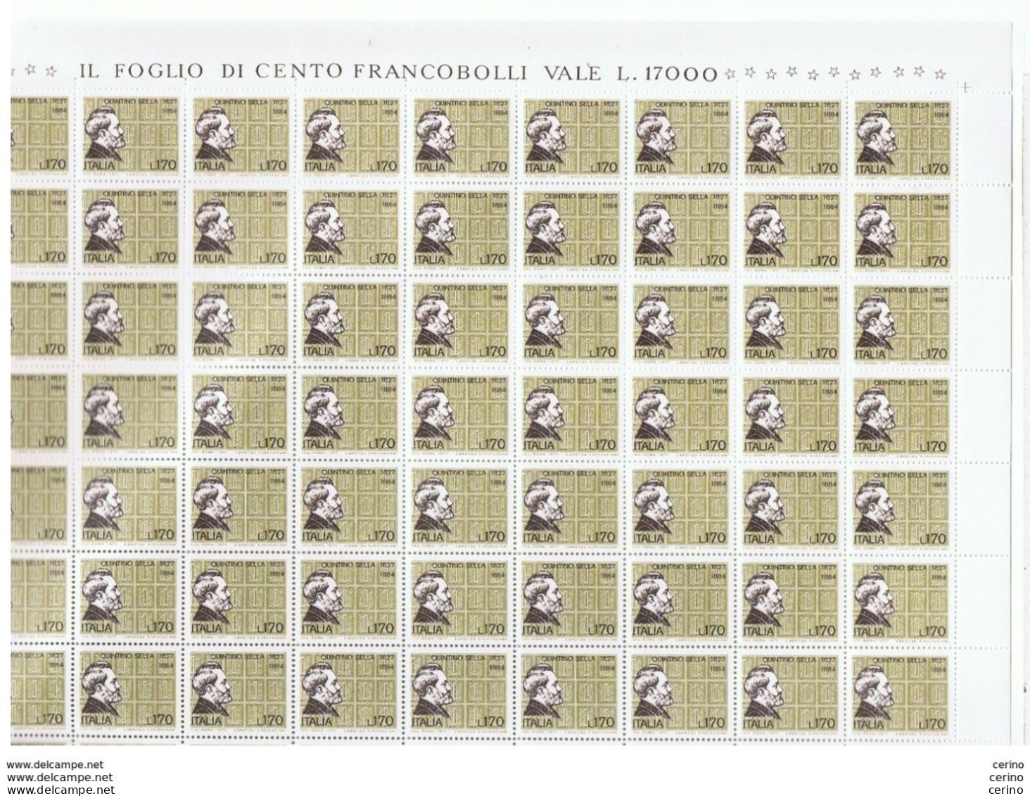 REPUBBLICA:  1977  QUINTINO  SELLA  -  £. 170  BRUNO  E  OLIVA  FGL.100  N. -  SASS. 1394 - Full Sheets