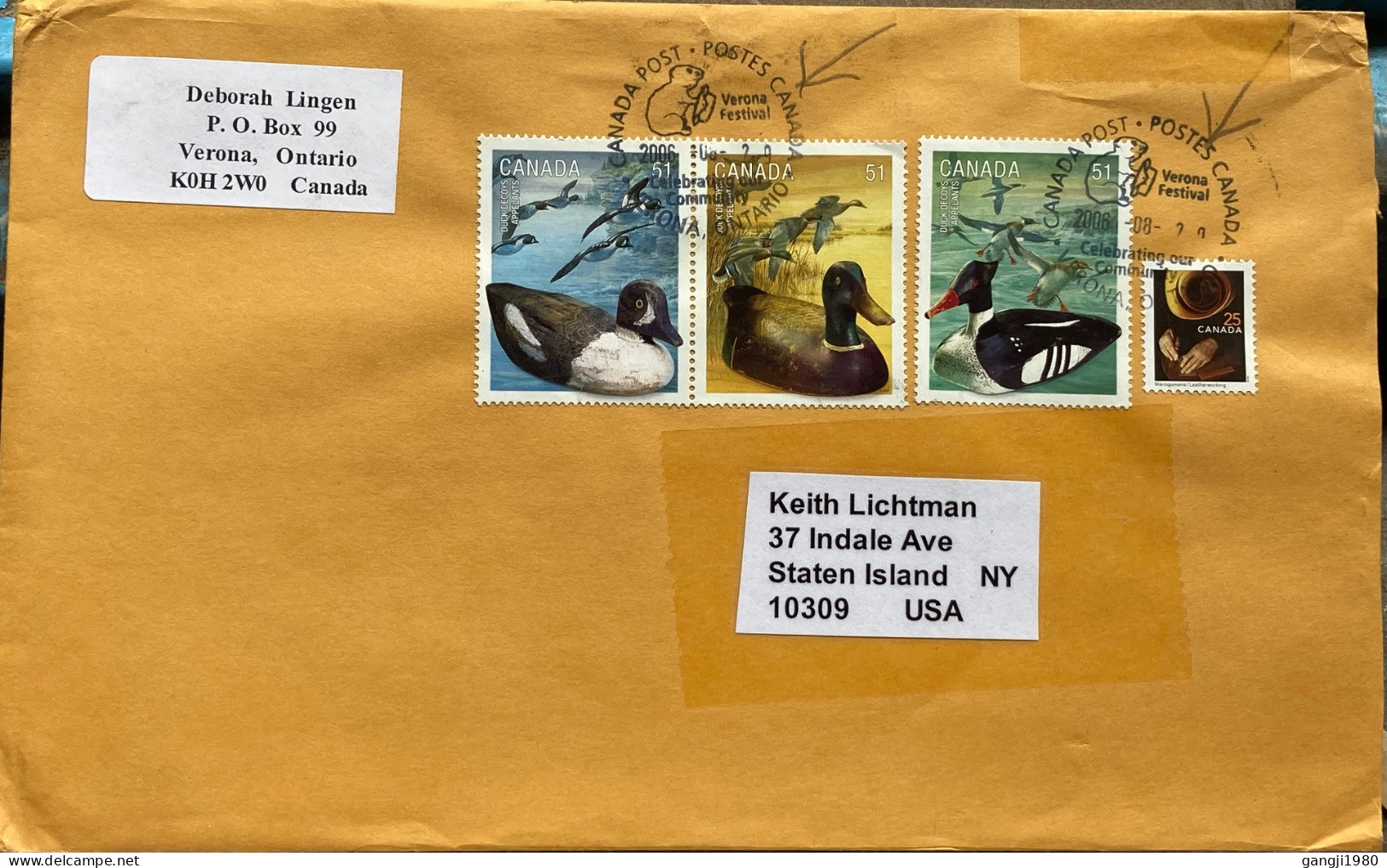 CANADA-2006, COVER USED TO USA, 4 BIRD DUCK STAMP, ANIMAL PICTURE CANCEL, VERON CITY FESTIVAL, CELEBRATING OUR COMMUNITY - Storia Postale