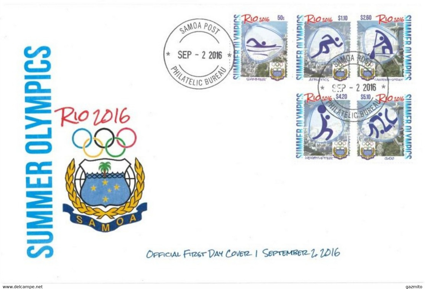 Samoa 2016, Olympic Games In Rio, Rowing, Running, Swimming, Judo, Weightlifting, 5val In FDC - Weightlifting