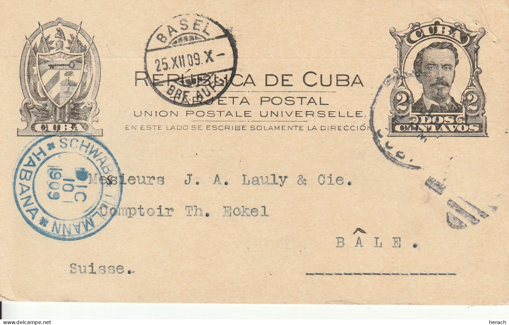 Cuba Entier Postal Pour La Suisse 1909 - Covers & Documents