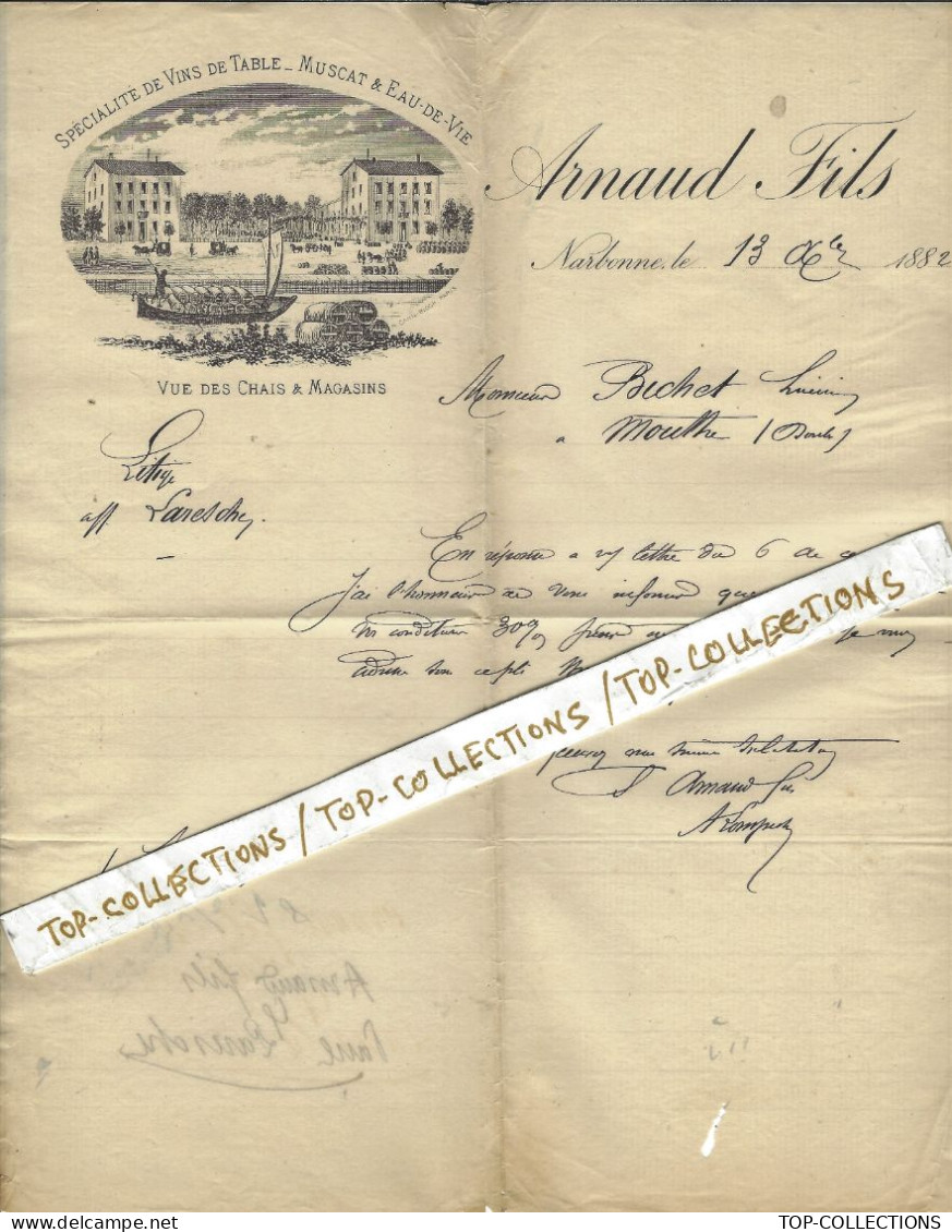 1882  V.COTATION Delcampe NAVIGATION FLUVIALE TRANSPORT VIN  NEGOCE COMMERCE  ENTETE Arnaud Narbonne Vins  Eaux De Vie - 1800 – 1899