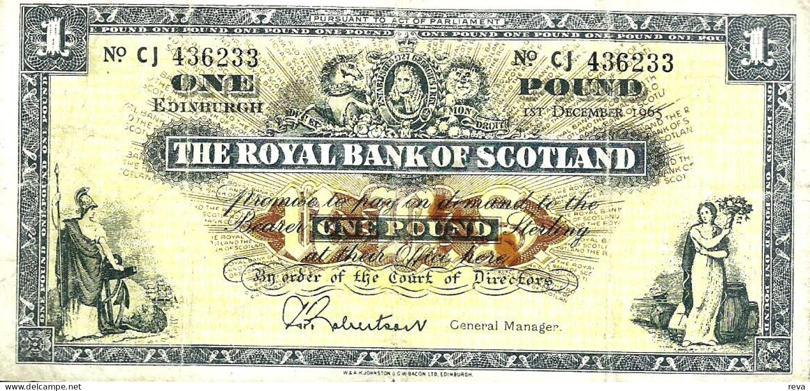 UNITED KINGDOM SCOTLAND 1 POUND BLACK MOTIF FRONT BUILDING BACK DATED 01-12-1965 P325b  F READ DESCRIPTION !! - 1 Pond