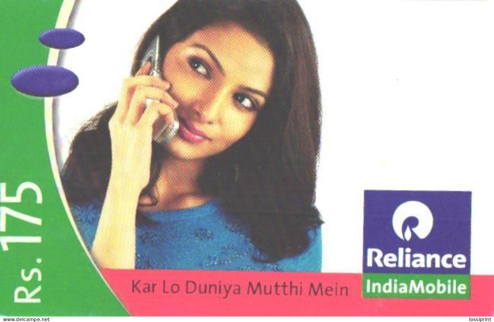 India:Used Phonecard, Reliance IndiaMobile, 175 Rs., Lady With Phone, 2007 - Inde