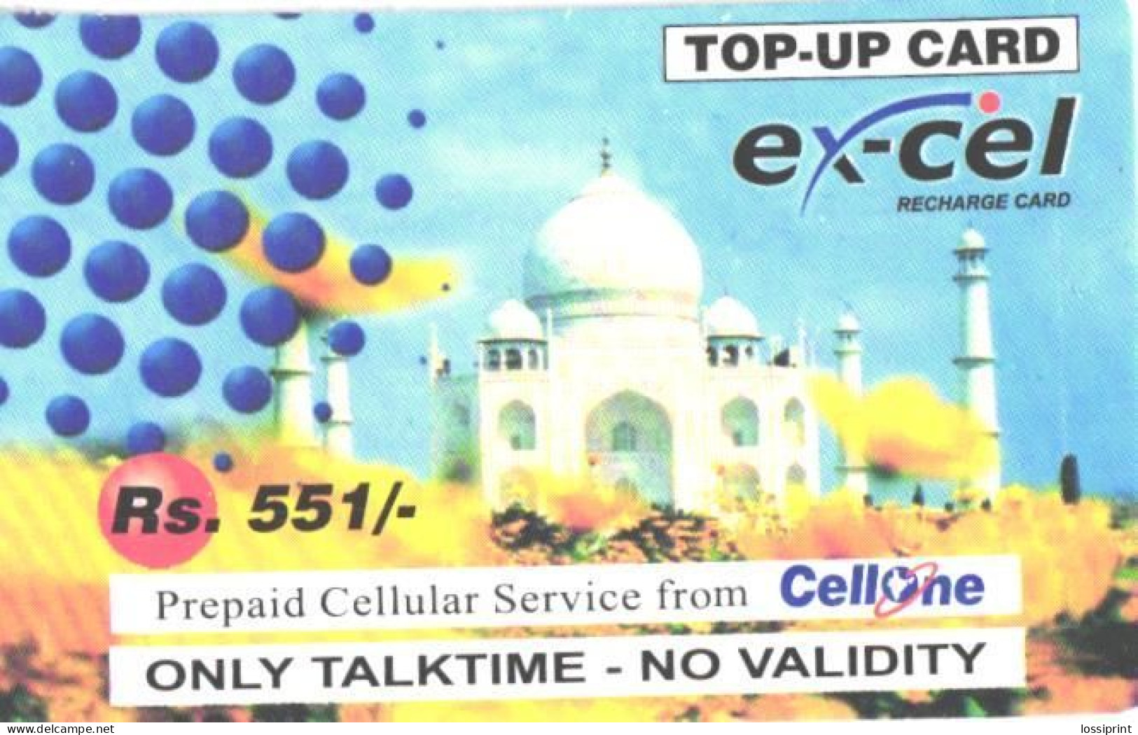 India:Used Phonecard, CellOne, Excel, 551 Rs., Taj Mahal, B - India