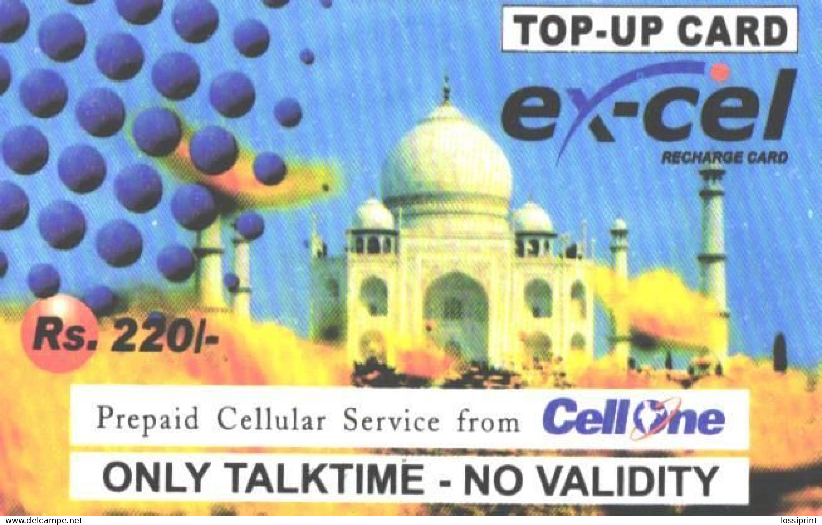 India:Used Phonecard, CellOne, Excel, 220 Rs., Taj Mahal, C - Indien
