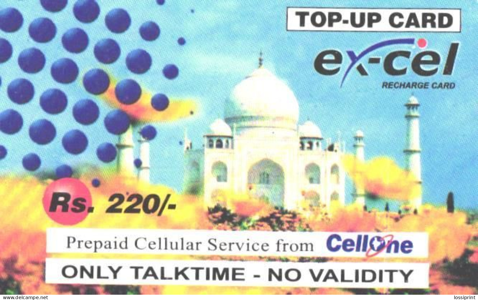 India:Used Phonecard, CellOne, Excel, 220 Rs., Taj Mahal, D - Indien