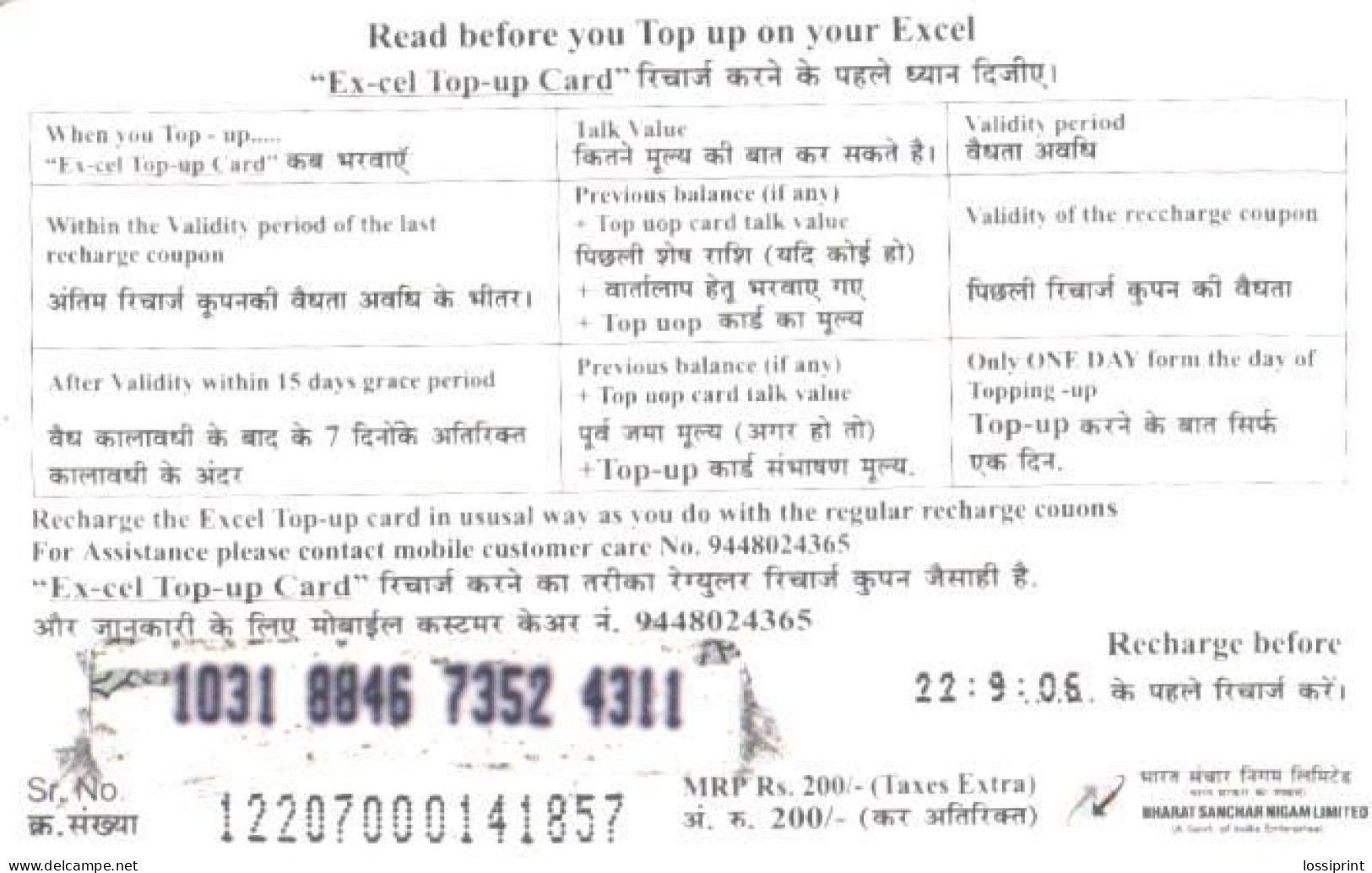 India:Used Phonecard, CellOne, Excel, 220 Rs., Taj Mahal, D - Indien