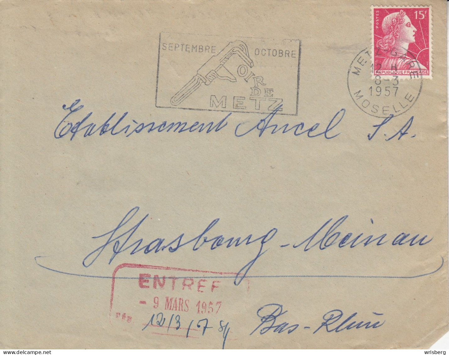 ENV. AFFR Y&T 1011 OBL.METZ-GARE Du 8.3.1957 Adressée à STRASBOURG-MEINAU - Unused Stamps