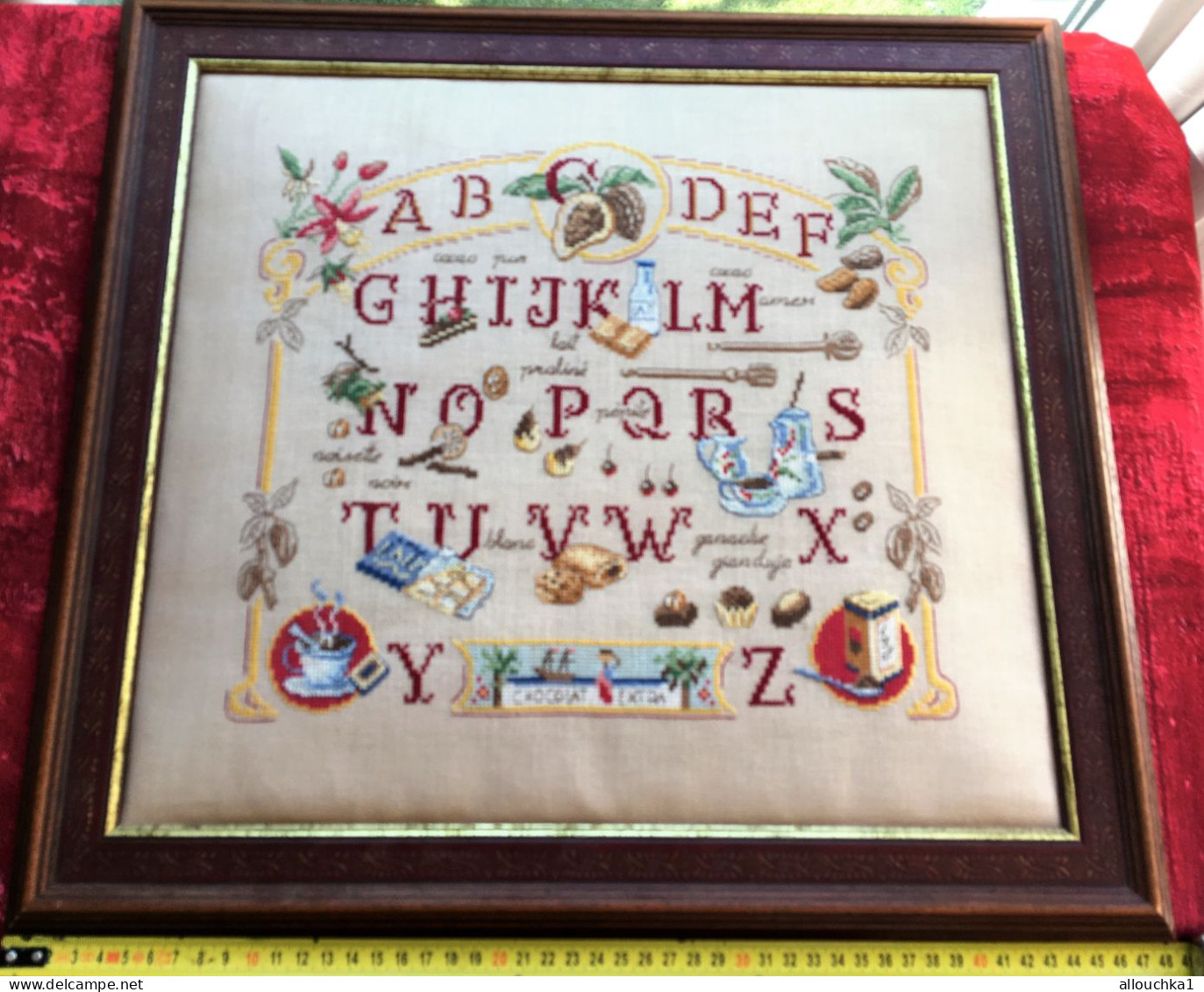 Abécédaire Vintage(Lettres ABCD)Publicité Chocolat Banania-Lait-Alphabet-Broderie Coton Molletonné Cadre Bois Liseré Dor - Cross Stitch