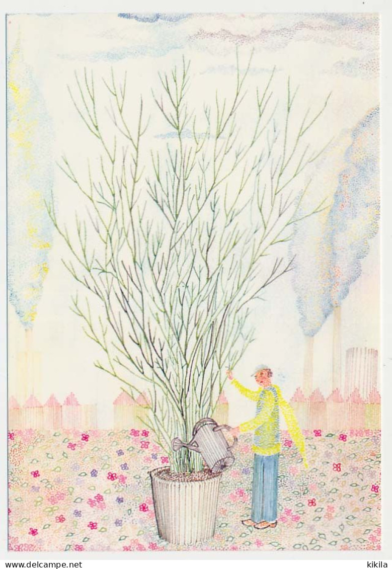 CPSM 10.5 X 15 Illustrateur IVAN HOR  Jardinier Arrosant Un Arbre En Pot Au Milieu De Fleur Au Pied D'usines Cheminées - Hor