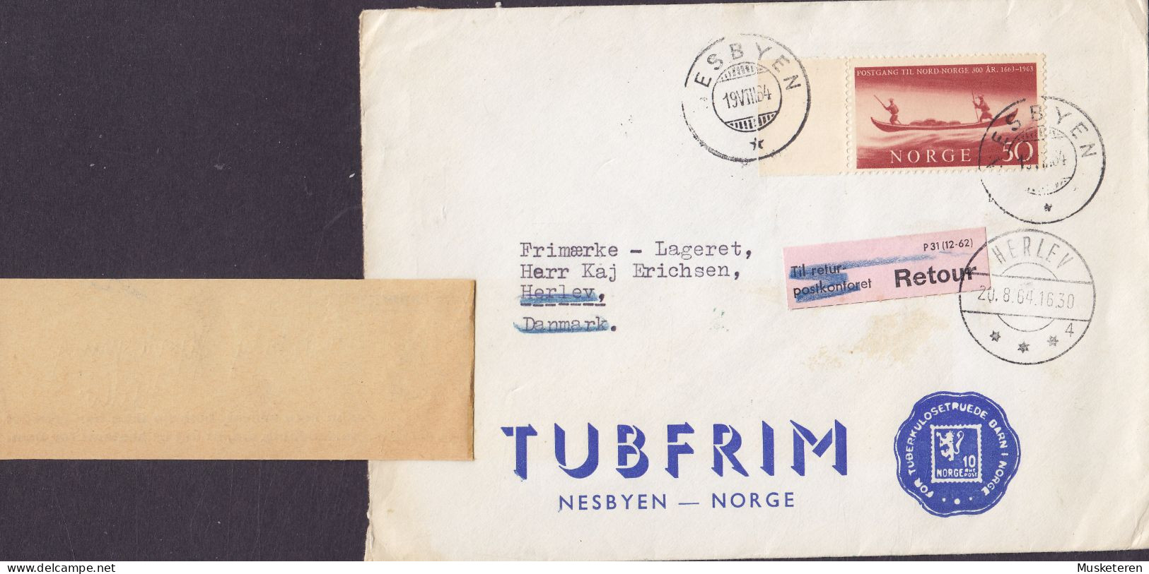 Norway TUBFRIM (Stamp Dealer) NESBYEN 1964 Cover Brief Lettre Brotype HERLEV (Arr.) RETOUR & Question VignettesDenmark - Covers & Documents