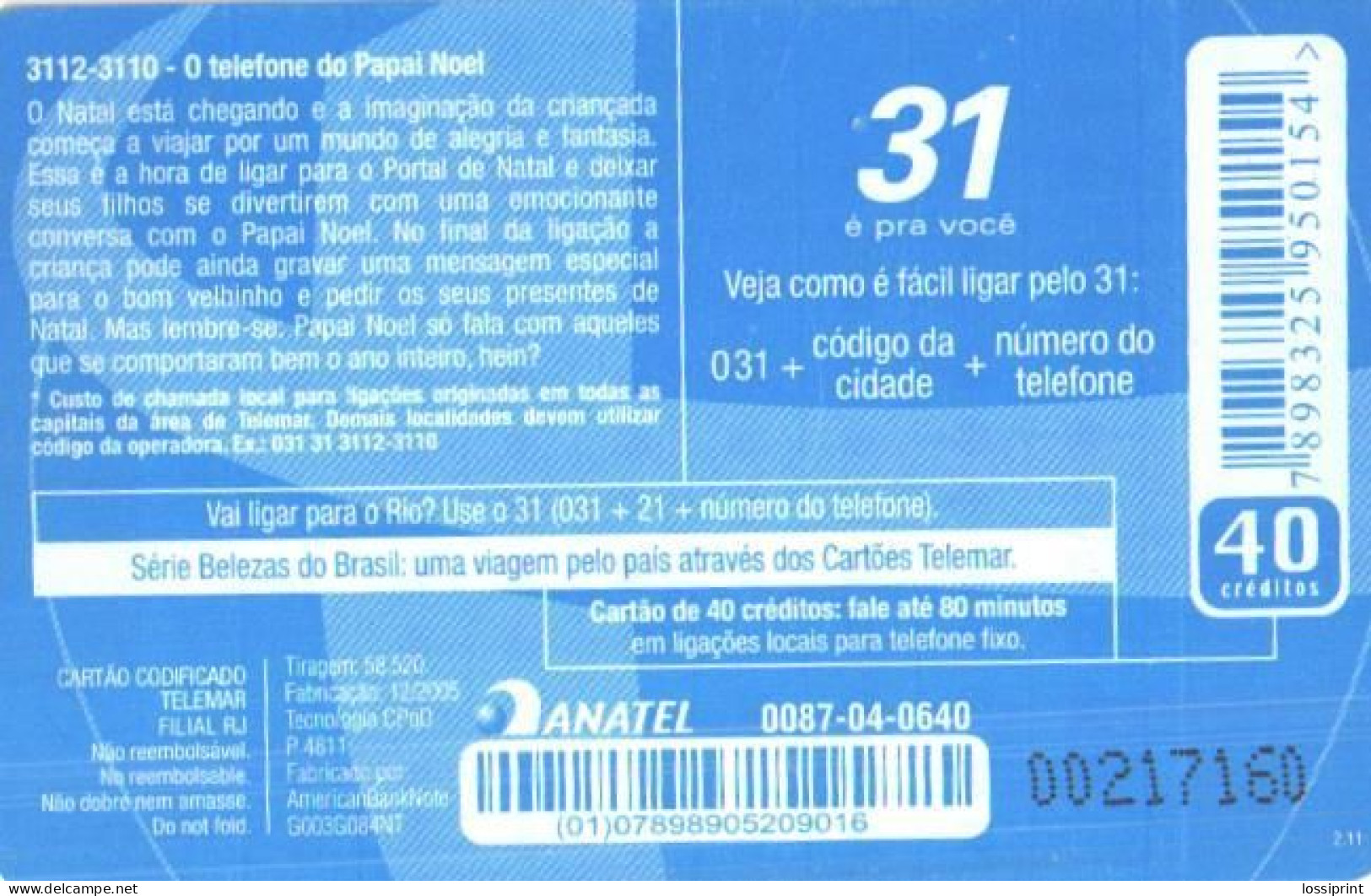 Brasil:Brazil:Used Phonecard, Telemar, 40 Units, Santa Claus - Brasilien
