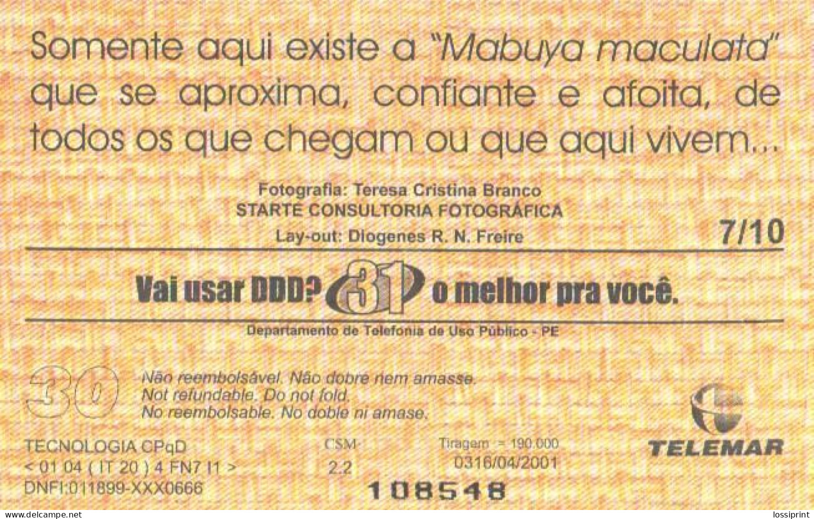 Brasil:Brazil:Used Phonecard, Telemar, 30 Units, Lizard, - Brasilien