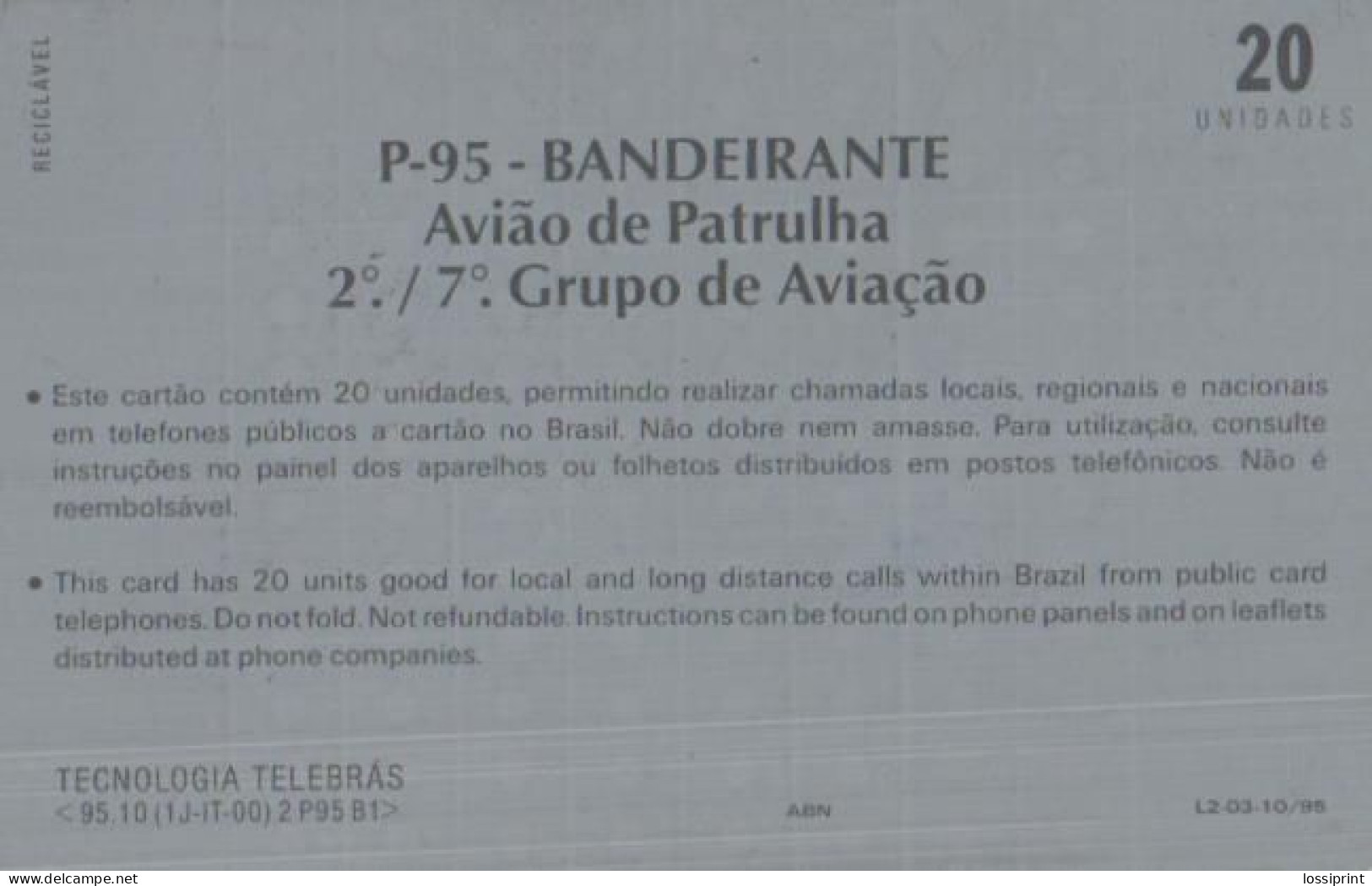 Brasil:Brazil:Used Phonecard, Telebras, 20 Units, Airplanes P-95 - Bandeirante - Brasilien