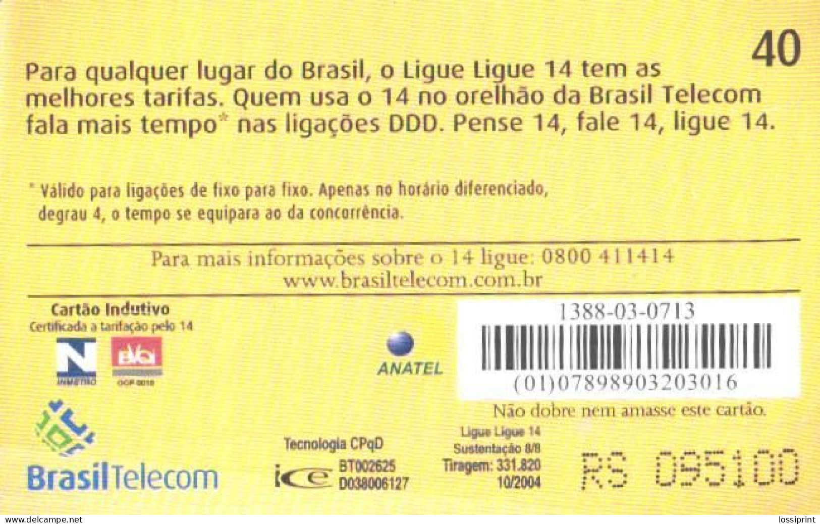 Brasil:Brazil:Used Phonecard, BrasilTelecom, 40 Units, Cartoon Bird - Brasilien