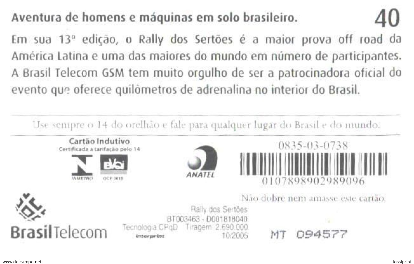 Brasil:Brazil:Used Phonecard, BrasilTelecom, 40 Units, Car Troller, A - Brasilien