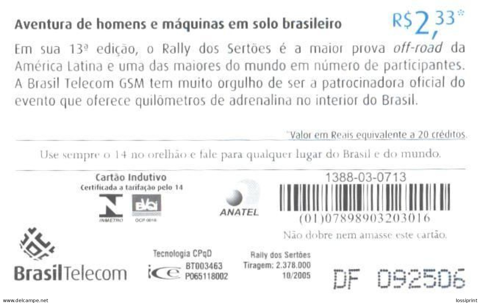 Brasil:Brazil:Used Phonecard, BrasilTelecom, 2.33 R$, Car Troller - Brasilien