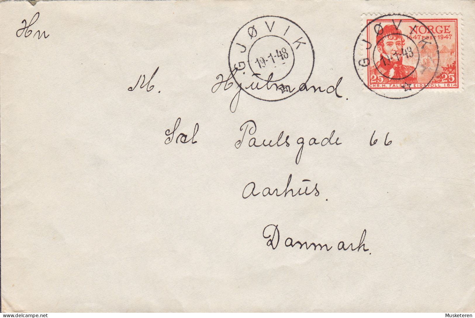 Norway Deluxe Cancel GJØVIK 1948 'Petite' Cover Brief Lettre AARHUS Denmark 25 Øre Eidsvoll Chr. M. Falsen Stamp - Storia Postale