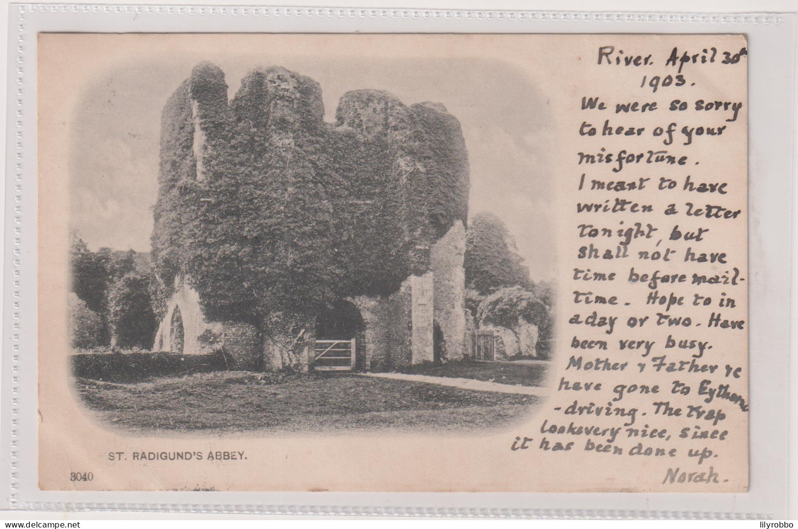 UK - St Radigund's Abbey - 1903 Vignette - Undivided Rear - VG River And Dover Postmarks 1903 - Dover