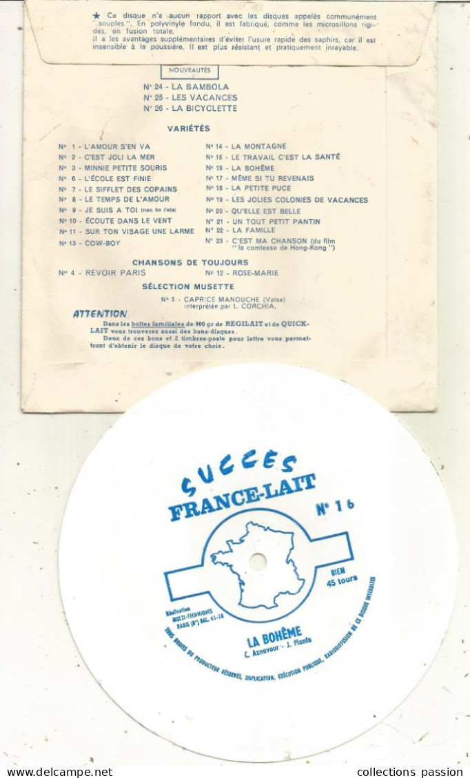 Disque, Microsillons Polyvinile, LA BOHÊME, Publicité : FRANCE-LAIT, 2 Scans, Frais Fr 2.15 E - Special Formats