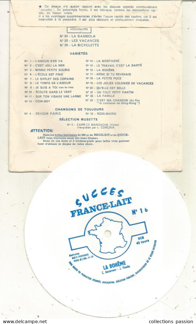 Disque, Microsillons Polyvinile, LA BOHÊME, Publicité : FRANCE-LAIT, 2 Scans, Frais Fr 2.15 E - Formats Spéciaux