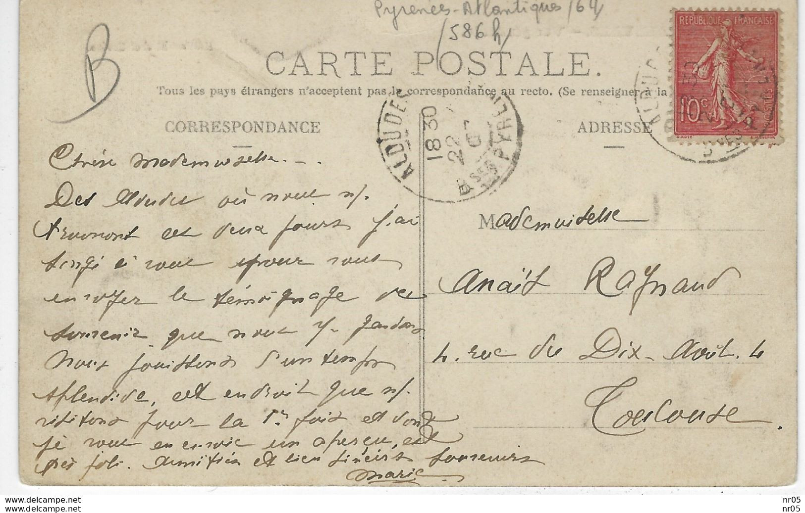 64  - ALDUDES - Vue Générale ( Cachet Postal " ALDUDES - Basses Pyrenées " 1907 Timbre Semeuse Lignée ) - Aldudes