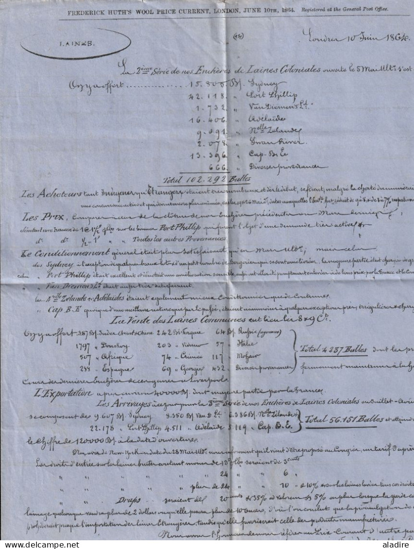 1864 - F. Huth, London - Cours De La Laine En Français - 2 Pages - PD Et Cachet D'entrée Par Calais, France - Postmark Collection