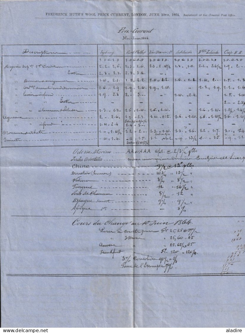 1864 - F. Huth, London - Cours De La Laine En Français - 2 Pages - PD Et Cachet D'entrée Par Calais, France - Marcophilie