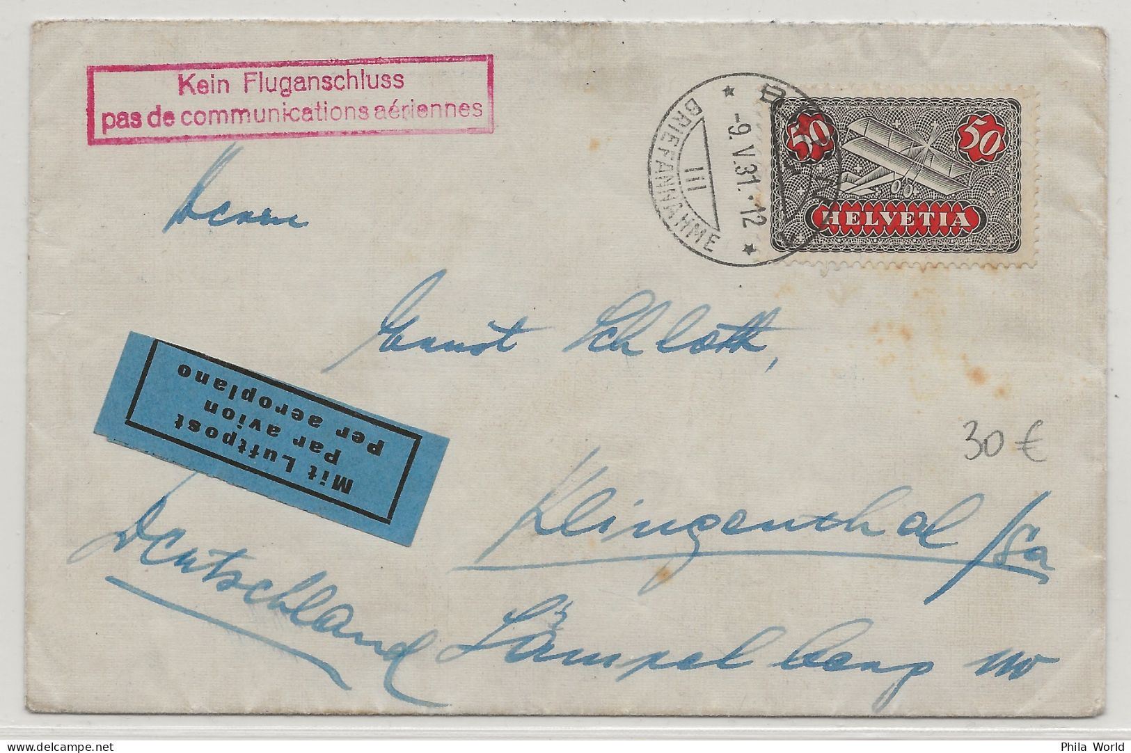 HELVETIA SUISSE 1931 Lettre BERNE Par Avion > Allemagne KEIN FLUGANSCHLUSS PAS DE COMMUNICATIONS AERIENNES - Lettres & Documents