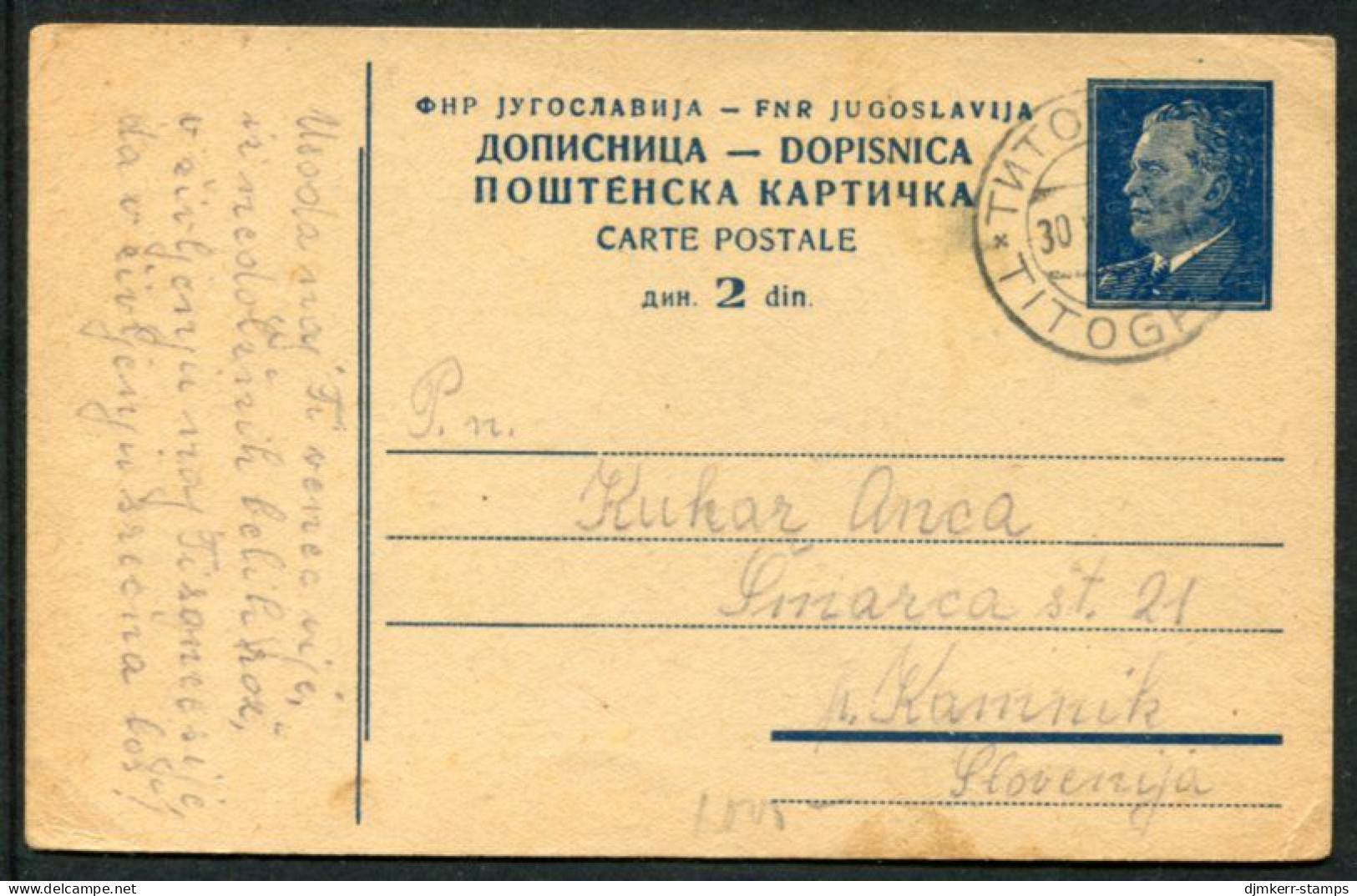 YUGOSLAVIA 1949 Tito 2 (d) Postal Stationery Card, Used.  Michel P129b - Interi Postali