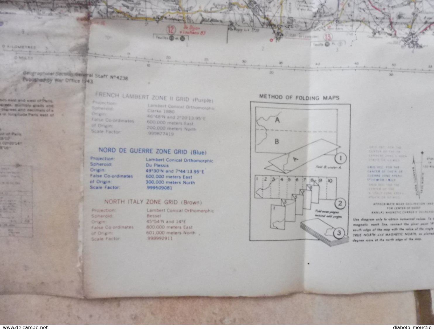 1943  Carte de guerre DIJON - MULHOUSE  firts edition published by War Office  Dim. 116cm x 70cm