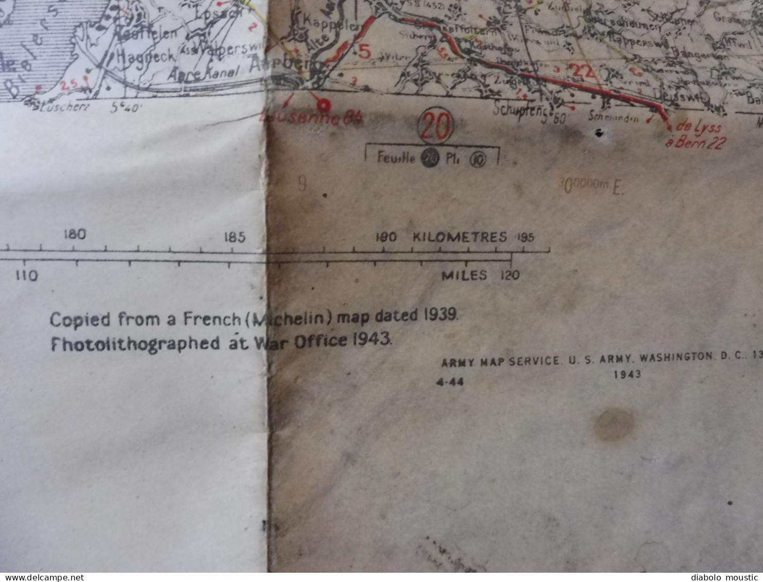 1943  Carte de guerre DIJON - MULHOUSE  firts edition published by War Office  Dim. 116cm x 70cm
