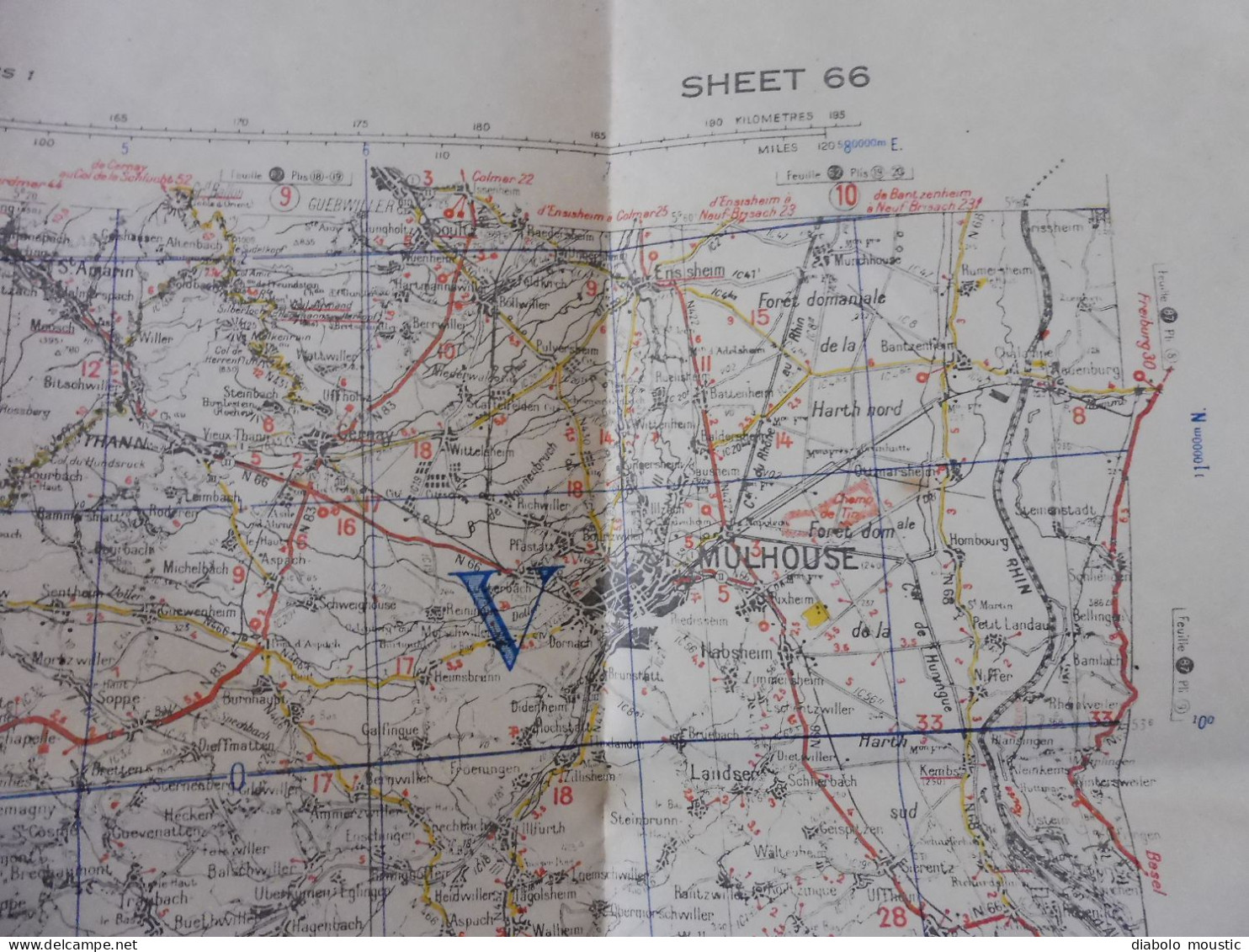 1943  Carte de guerre DIJON - MULHOUSE  firts edition published by War Office  Dim. 116cm x 70cm