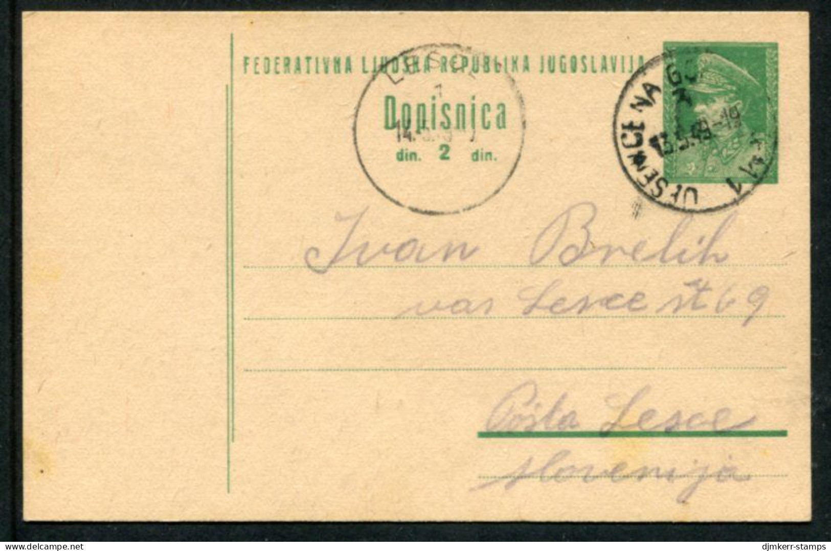 YUGOSLAVIA 1948 Tito 2 (d) Postal Stationery Card  With Text In Slovene, Used.  Michel P126 - Entiers Postaux