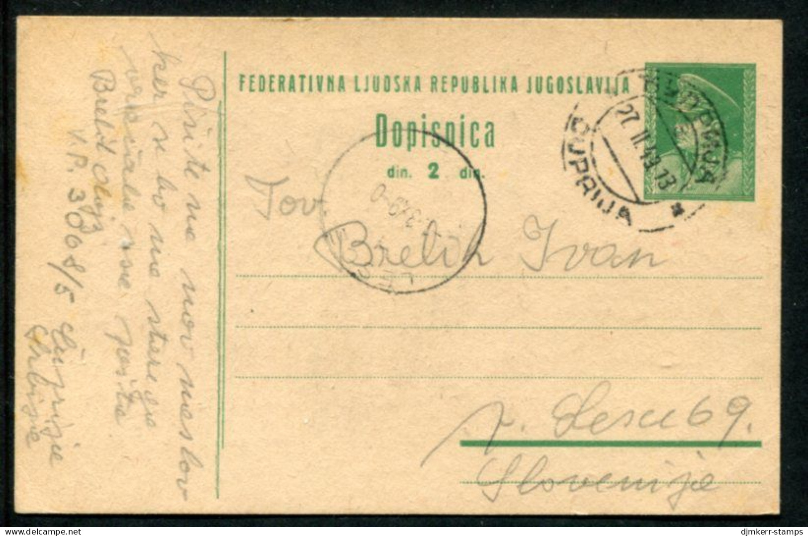 YUGOSLAVIA 1948 Tito 2 (d) Postal Stationery Card  With Text In Slovene, Used.  Michel P126 - Postwaardestukken