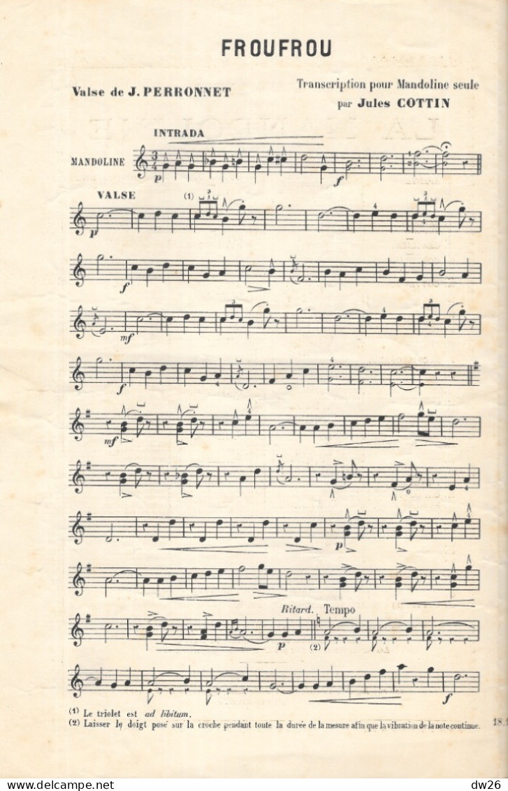 Partition: Musique Pour La Mandoline - Froufrou (Valse De J. Perronnet) Feuillet E. Patierno (Soirées Dansantes) - Scores & Partitions