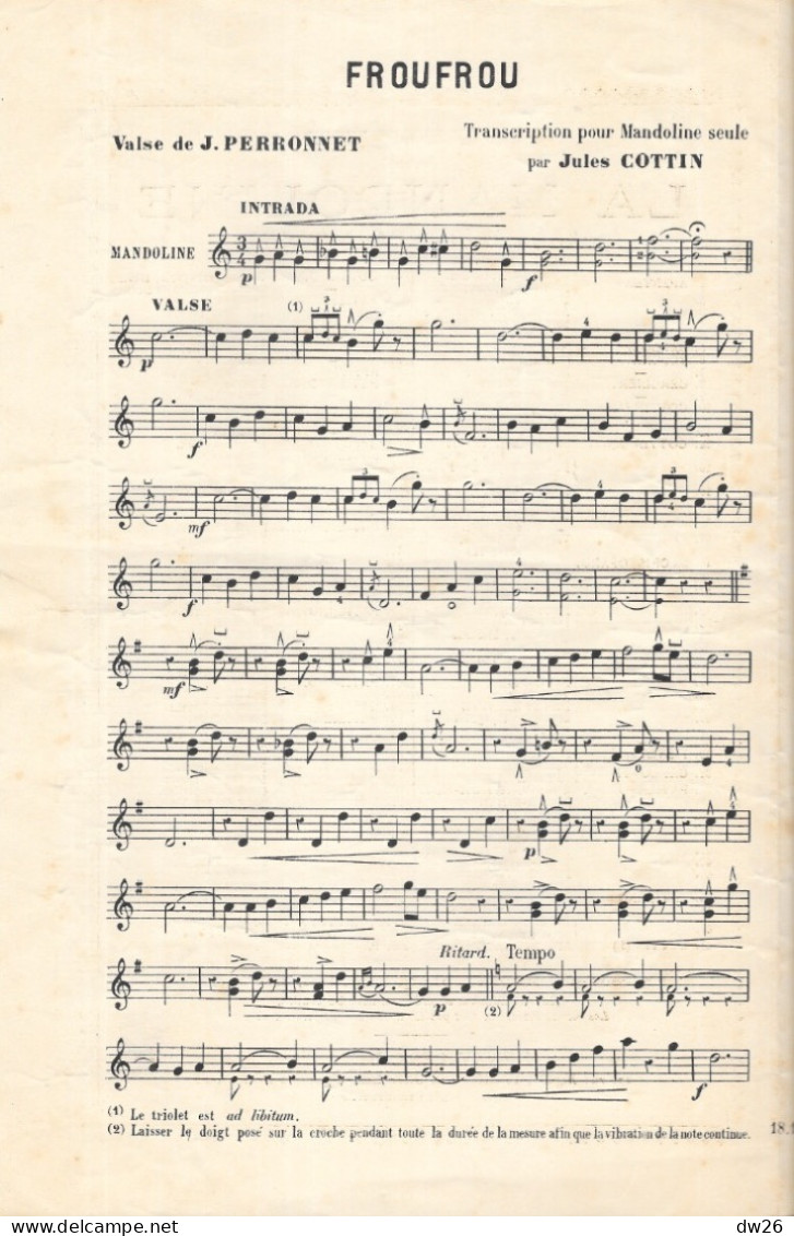 Partition: Musique Pour La Mandoline - Froufrou (Valse De J. Perronnet) Feuillet E. Patierno (Soirées Dansantes) - Noten & Partituren