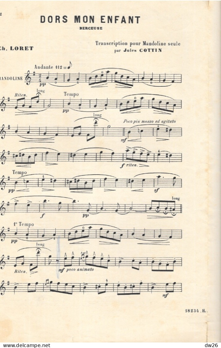 Partition: Musique Pour La Mandoline - Dors Mon Enfant (Berceuse De Ch. Loret) - Noten & Partituren