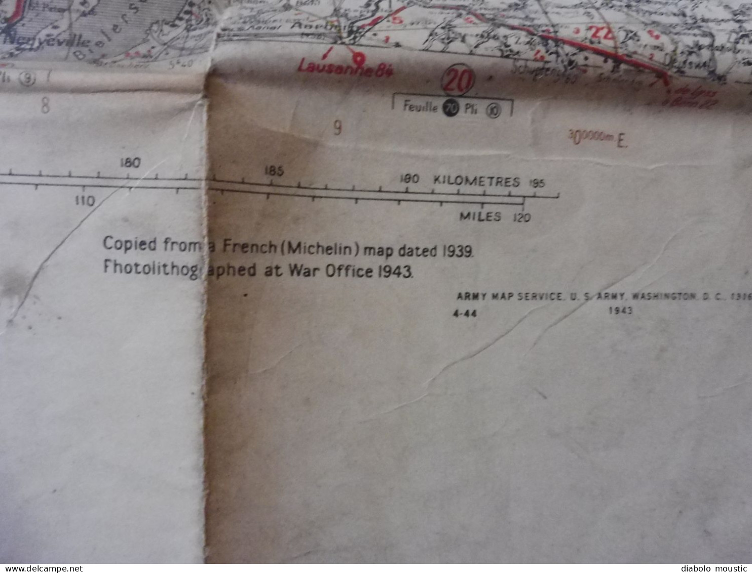 1943  SHEET 66   Carte de guerre DIJON - MULHOUSE  firts edition published by War Office  Dim. 116cm x 70cm