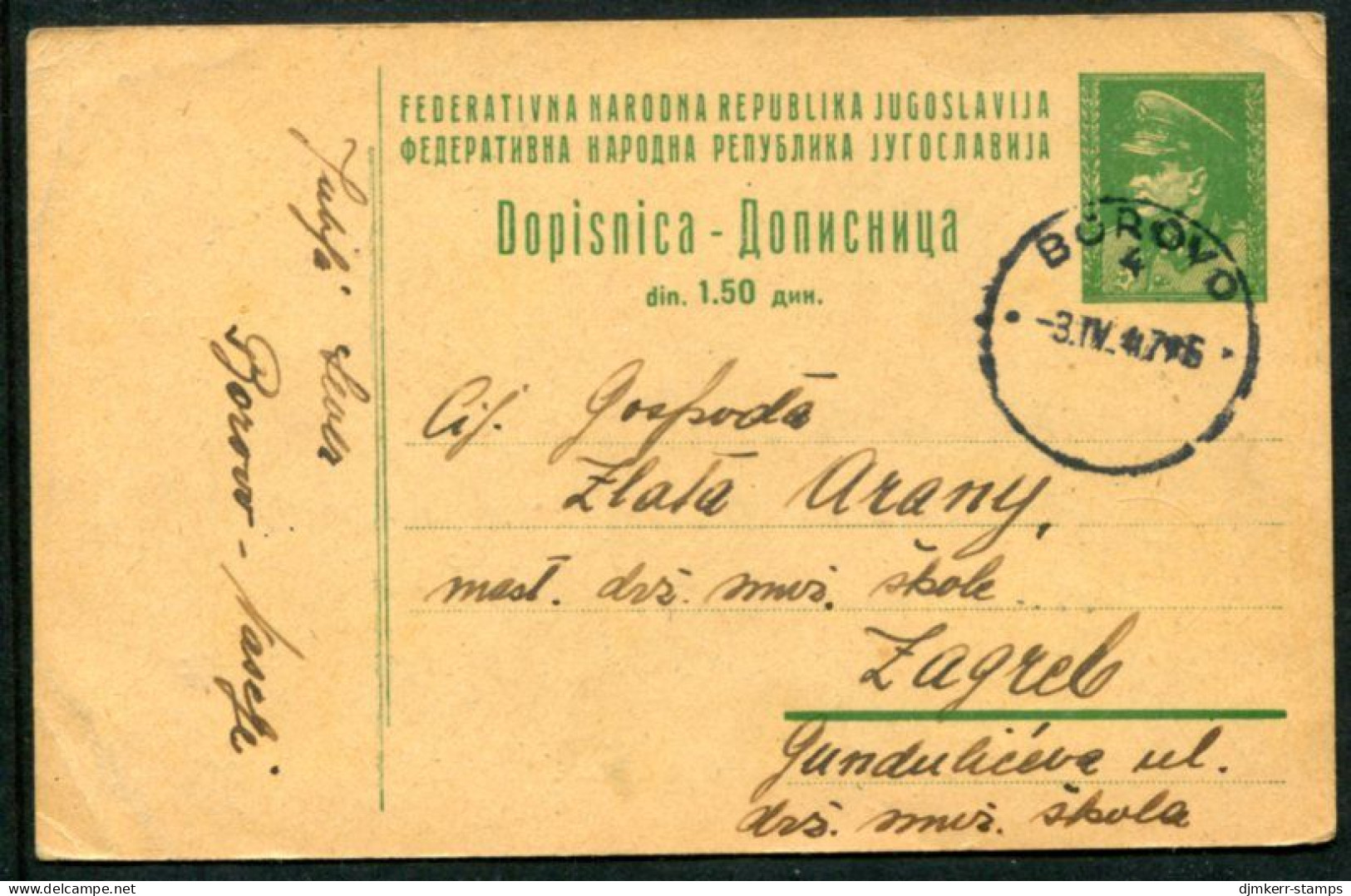 YUGOSLAVIA 1946 Tito 1.50 D.postal Stationery Card  With Text In Croatian/Serbian, Used.  Michel P108 - Entiers Postaux