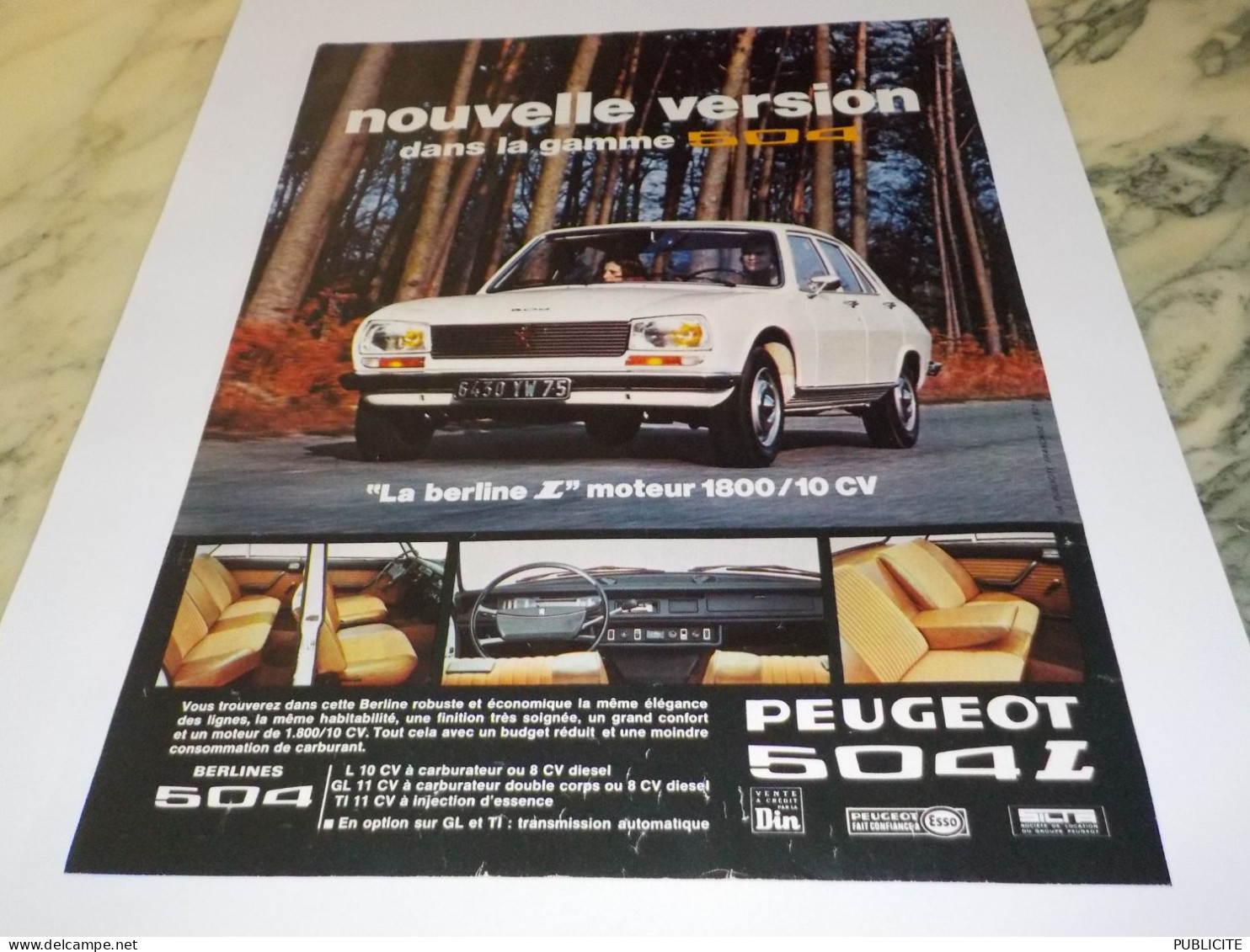 ANCIENNE PUBLICITE NOUVELLE VERSION 504 PEUGEOT  1973 - Voitures