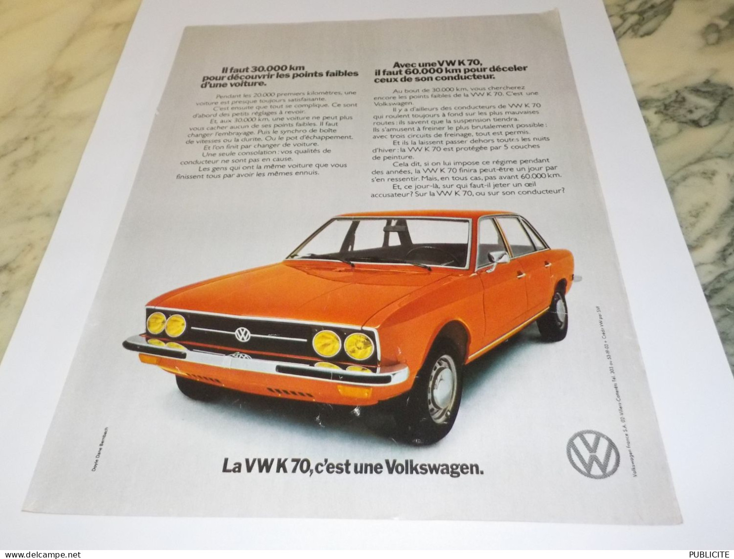 ANCIENNE PUBLICITE VW K 70 DE VOLKSWAGEN 1973 - Voitures