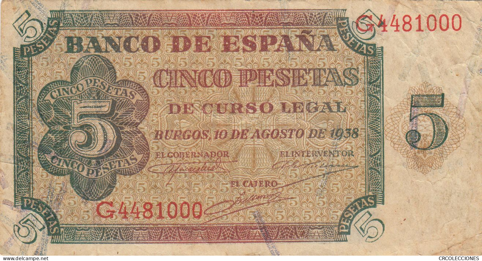 CRBS0763 BILLETE ESPAÑA 5 PESETAS 1938 MBC- - 5 Pesetas