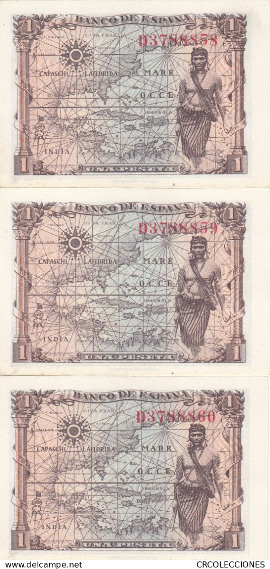 CRBS0765 TRIO CORRELATIVO BILLETES ESPAÑA 1 PESETA 1945 SIN CIRCULAR - 1-2 Pesetas